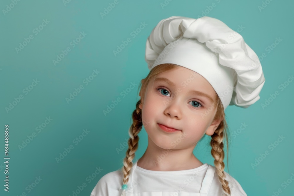 A cheerful young girl wearing a chef's uniform and hat, smiling against a bright blue background, perfect for culinary themes. A cheerful young girl wearing a chef's uniform and hat, smiling against a bright blue background, perfect for culinary themes.