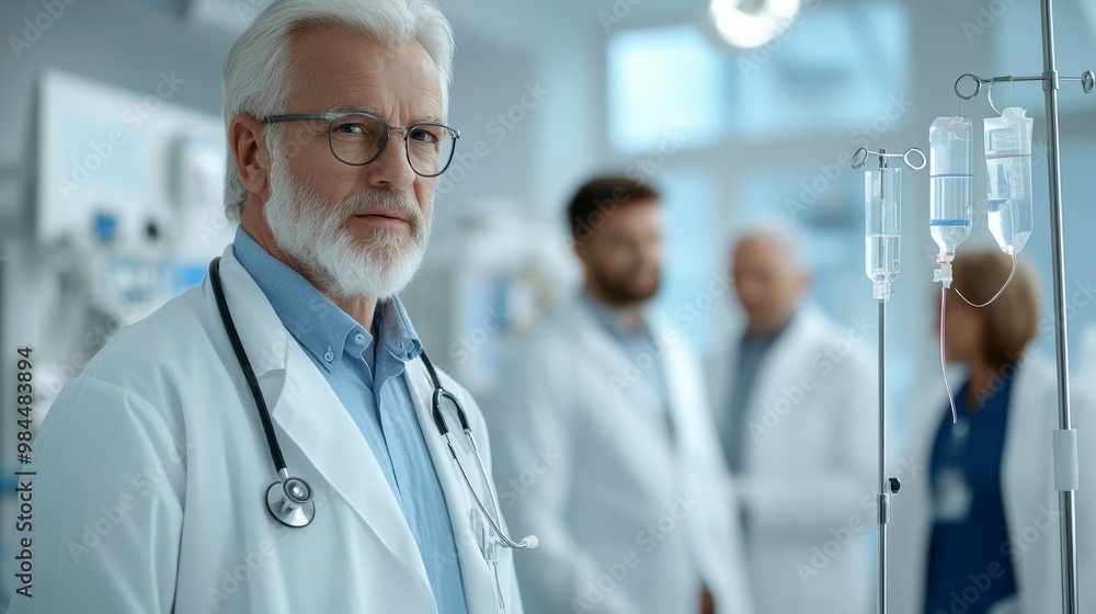 A serious doctor in a hospital setting, observing colleagues and medical equipment. A serious doctor in a hospital setting, observing colleagues and medical equipment.