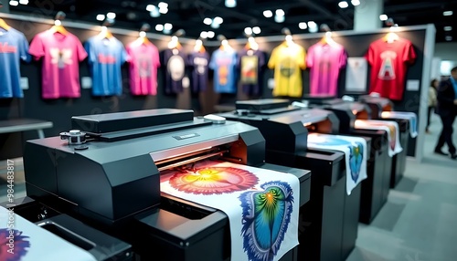Obraz na płótnie DTF Textile Printing Setup with Printers and Colorful Fabrics: Showcasing Vibrant Designs and Technology w salonie