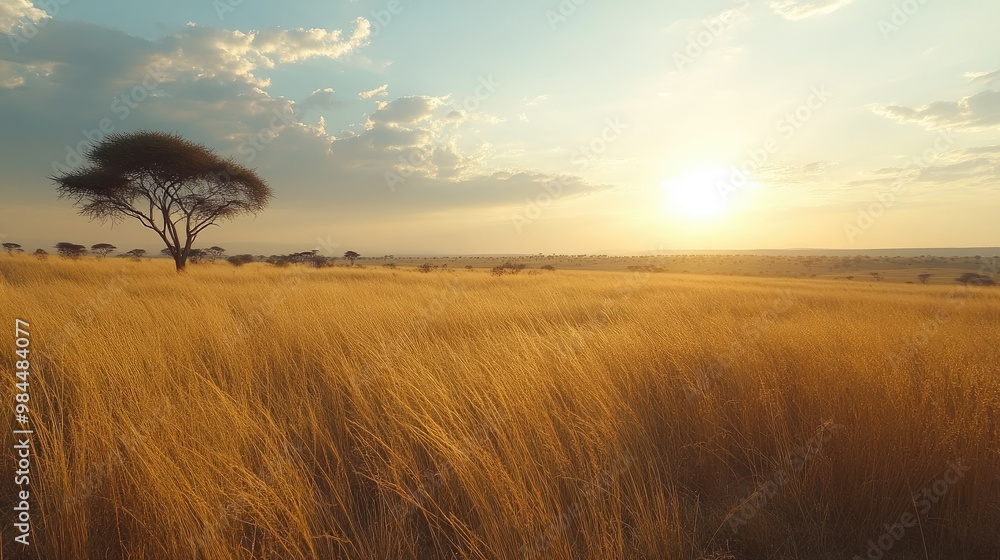 A wide shot of the African savannah at sunset, with golden grasses stretching to the horizon and the silhouette of acacia trees. A wide shot of the African savannah at sunset, with golden grasses stretching to the horizon and the silhouette of acacia trees.