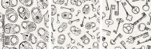 Seamless patterns of sketches different old keys and padlocks, background, paper, wallpaper, vector illustration