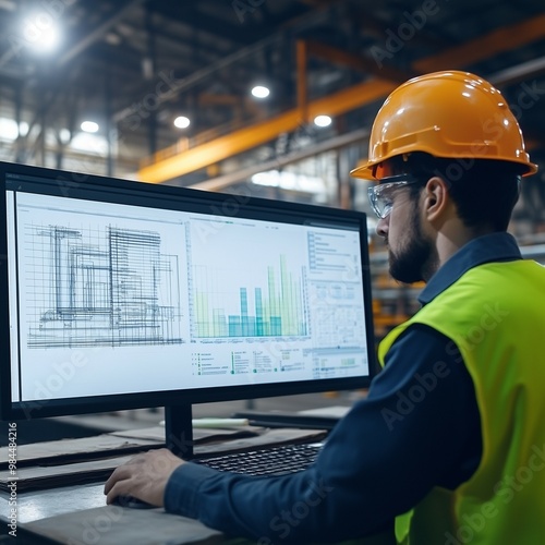 Industrial engineer analyzing technical blueprints and data charts on a computer screen in a modern manufacturing facility