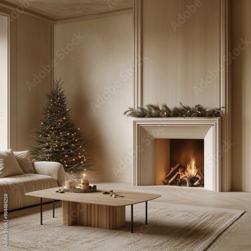 Cozy living room interior with decorated Christmas tree and fireplace creating a warm holiday atmosphere photo