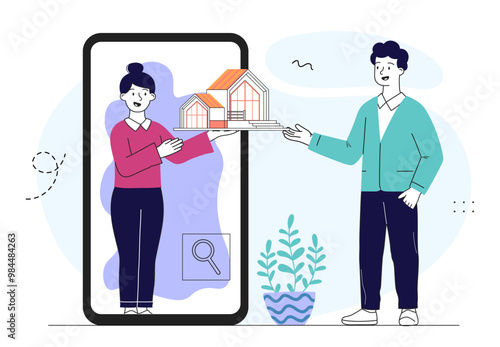 Family search house. Man and woman choose apartment and house. Real estate and private property transactions. Realtor consultation. Linear vector illustration