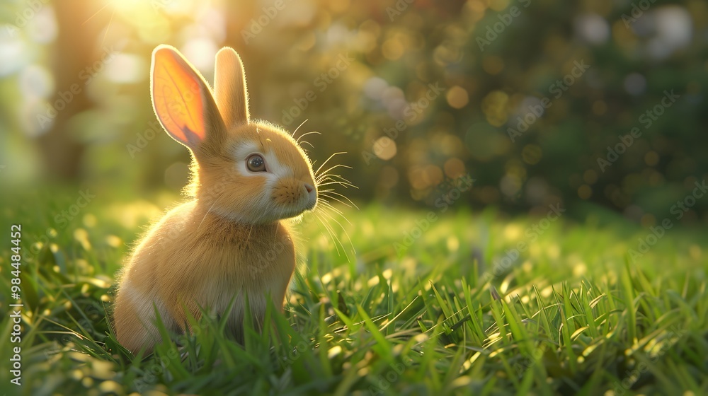 Fototapeta premium Charming Little Bunny in Grass with Ears Perked Up and Gazing Away