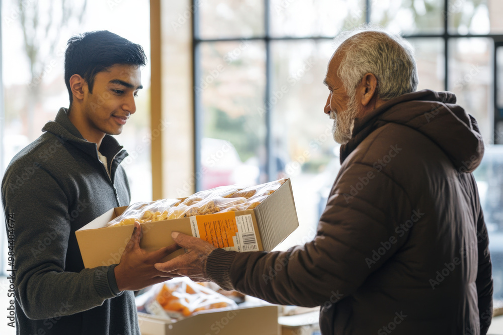 Young volunteer smiling and giving a box of food to a senior man Young volunteer smiling and giving a box of food to a senior man