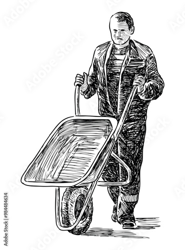 Sketch of worker with wheelbarrow walking outdoors alone, realistic hand drawn vector illustration