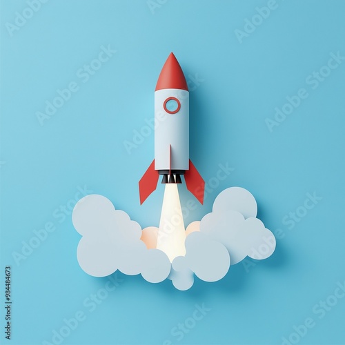  Red and white rocket blasting off through clouds in a minimalist design with a bright blue background