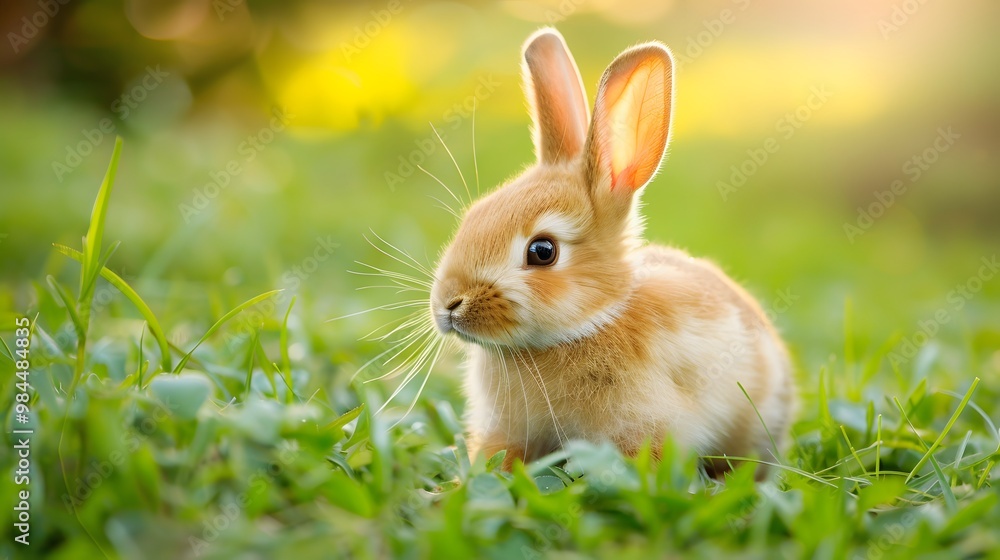 Fototapeta premium Charming Little Bunny in Grass with Ears Perked Up and Gazing Away
