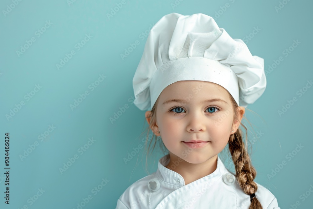 A cheerful young girl wearing a chef's uniform and hat, smiling against a bright blue background, perfect for culinary themes. A cheerful young girl wearing a chef's uniform and hat, smiling against a bright blue background, perfect for culinary themes.