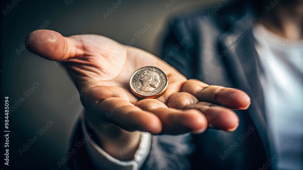 Hand holding a single coin, symbolizing financial wealth and investment Hand holding a single coin, symbolizing financial wealth and investment