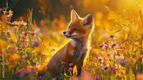  A little fox in a sunlit meadow amidst wildflowers