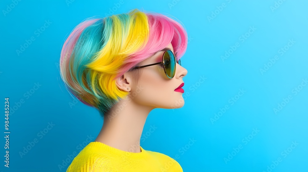 A vibrant profile of a model showcasing a colorful hairstyle, with hues of pink, blue, and yellow, complemented by stylish sunglasses against a bright blue background. A vibrant profile of a model showcasing a colorful hairstyle, with hues of pink, blue, and yellow, complemented by stylish sunglasses against a bright blue background.