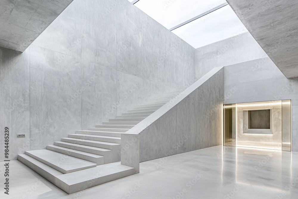 Obraz premium polished concrete stairs in minimalist home, natural light from skylight
