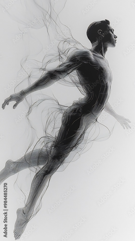 Fototapeta premium Gymnast vaulting in midair with minimalist abstract lines on a clean white background