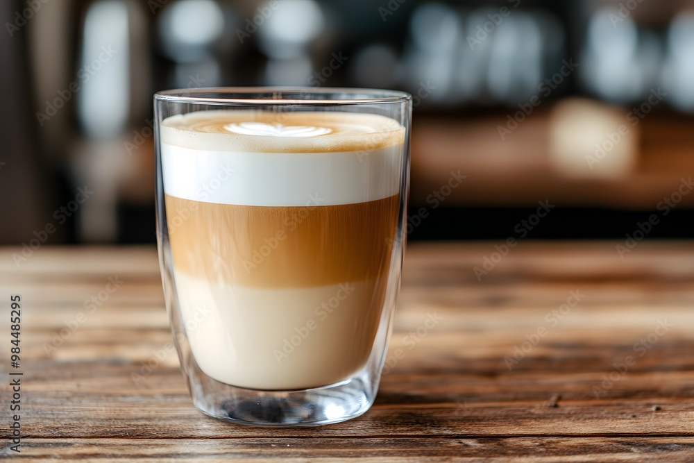 A beautiful layered latte in a clear glass, showcasing distinct layers of coffee, cream, and froth on a rustic wooden table. A beautiful layered latte in a clear glass, showcasing distinct layers of coffee, cream, and froth on a rustic wooden table.