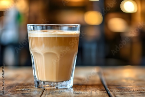 A beautifully crafted glass of creamy coffee sits on a rustic wooden table, with a warm, inviting ambiance in the blurred background.