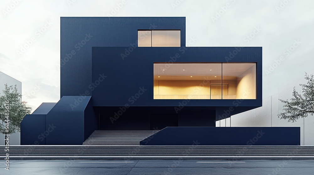 A modern minimalist theater with a sleek navy exterior, hosting avant-garde plays and experimental performances, situated in a vibrant cultural hub A modern minimalist theater with a sleek navy exterior, hosting avant-garde plays and experimental performances, situated in a vibrant cultural hub
