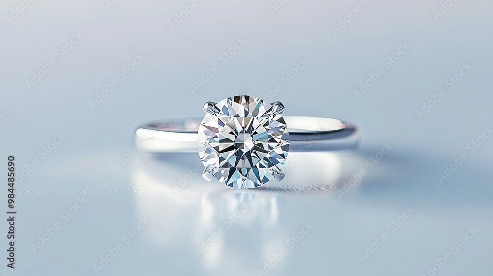 Close-up image of a sparkling diamond ring placed on a pristine white background Reflection of the precious gem in the center of the ring is captured perfectly Close-up image of a sparkling diamond ring placed on a pristine white background Reflection of the precious gem in the center of the ring is captured perfectly