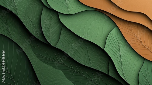 abstract background made from paper cut. Copy space over paper. Bright pastel green, dark green, brown shade tone , paper layer shape are leaf, high detial photo