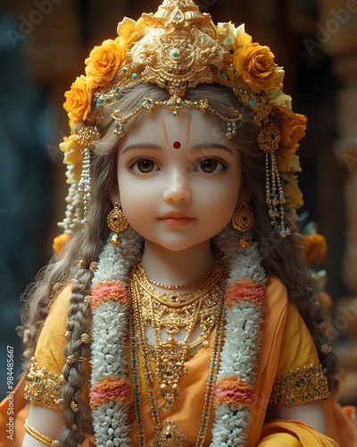 Cute Kid as Hindu Goddess Radha, Durga Maa, Laxmi | Adorable Close-up with Beautiful Face and Eyes photo