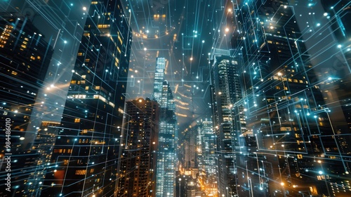 Cityscape with glowing digital network