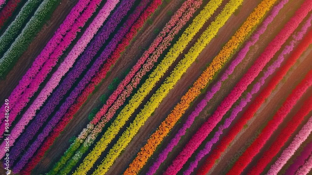 Aerial view of a vibrant tulip festival with thousands of flowers arranged in neat rows of color, attracting visitors in spring. Aerial view of a vibrant tulip festival with thousands of flowers arranged in neat rows of color, attracting visitors in spring.