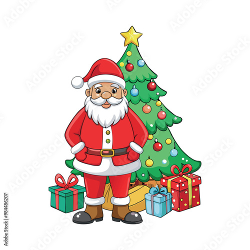 Santa claus and christmas tree Vector art illustration isolated on a white background