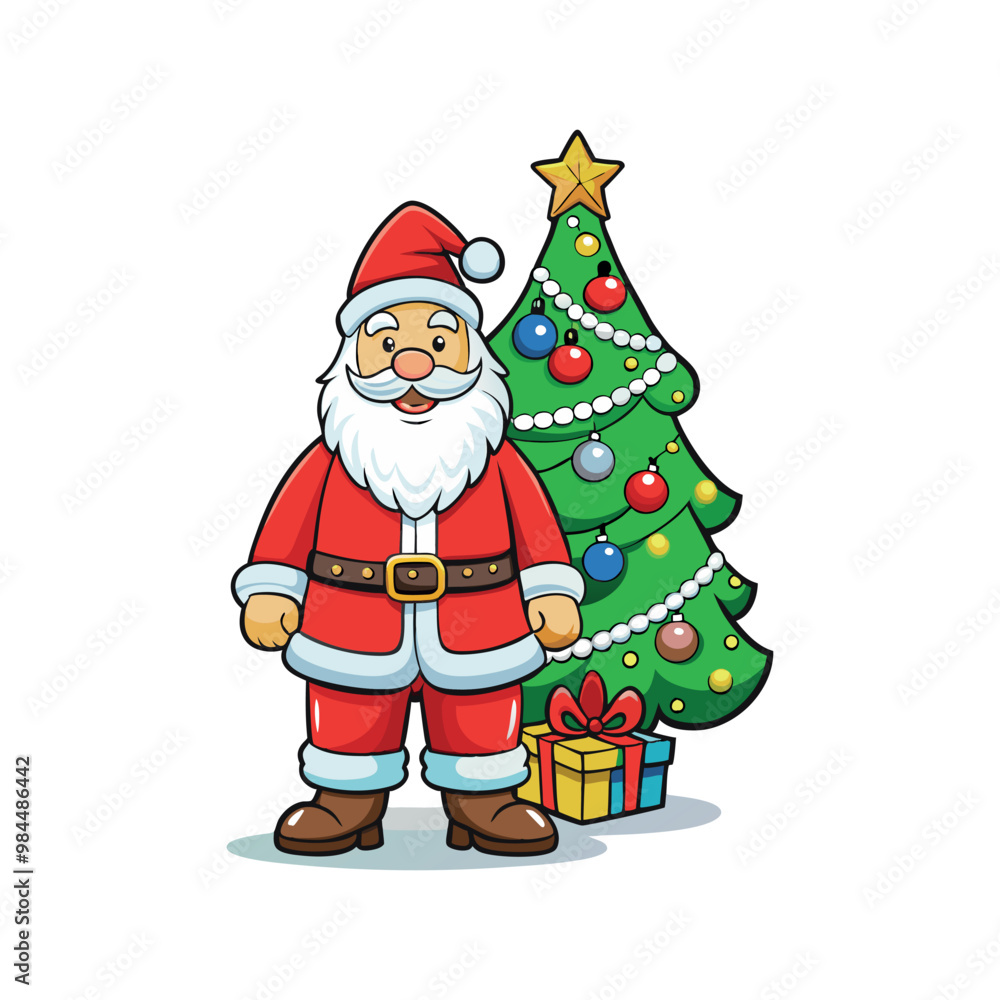Fototapeta premium Santa claus and christmas tree Vector art illustration isolated on a white background