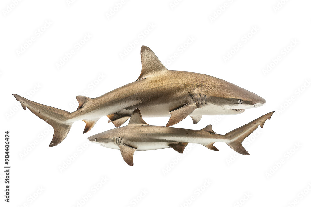 Fototapeta premium Two realistic shark models displaying the unique features of marine predators on a clean white background on transparent background