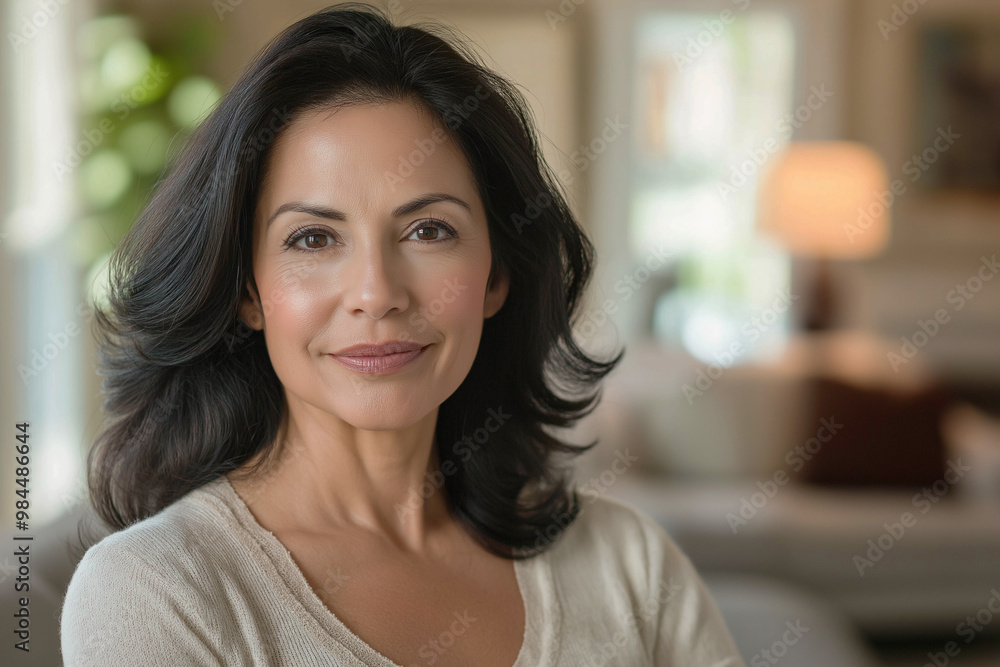 Photo of a beautiful 50 year old Hispanic woman. The woman is in the living room. Advertising banner. Photo of a beautiful 50 year old Hispanic woman. The woman is in the living room. Advertising banner.