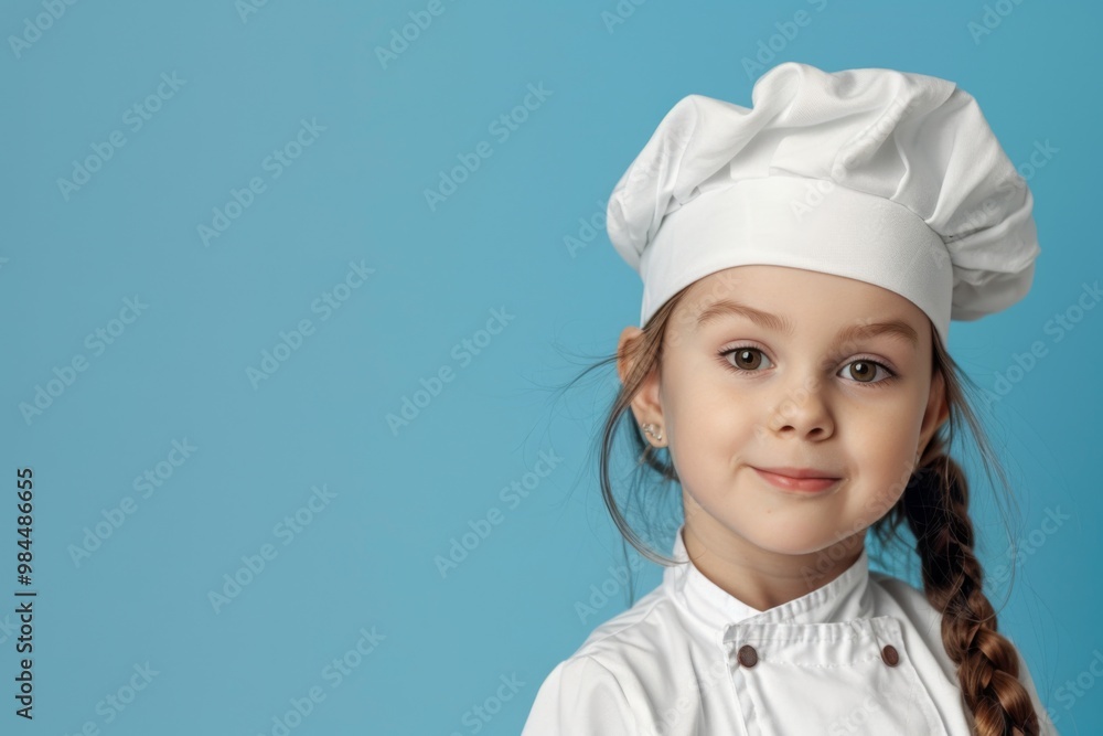 A cheerful young girl wearing a chef's uniform and hat, smiling against a bright blue background, perfect for culinary themes. A cheerful young girl wearing a chef's uniform and hat, smiling against a bright blue background, perfect for culinary themes.