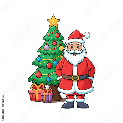 Santa claus and christmas tree Vector art illustration isolated on a white background