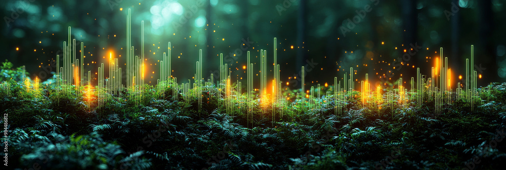 Glowing lines illuminate a forest scene, creating a magical and mysterious atmosphere. Glowing lines illuminate a forest scene, creating a magical and mysterious atmosphere.