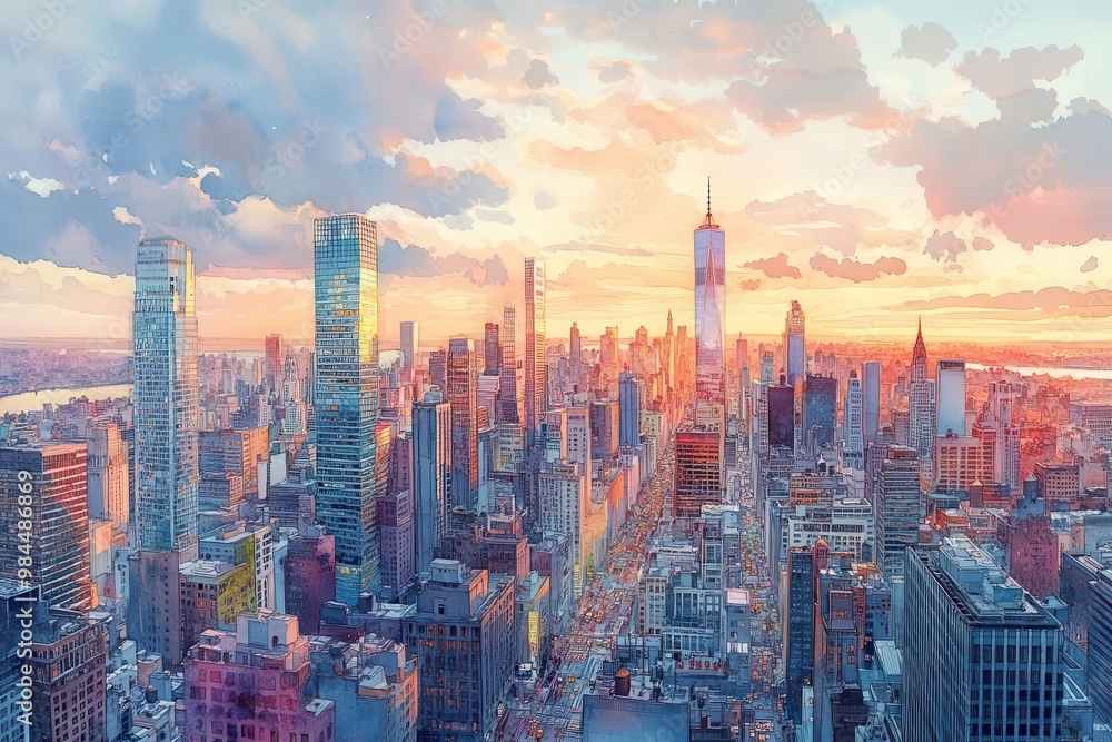 A breathtaking skyline view of a vibrant city at sunset, showcasing modern architecture and a colorful sky filled with clouds. A breathtaking skyline view of a vibrant city at sunset, showcasing modern architecture and a colorful sky filled with clouds.