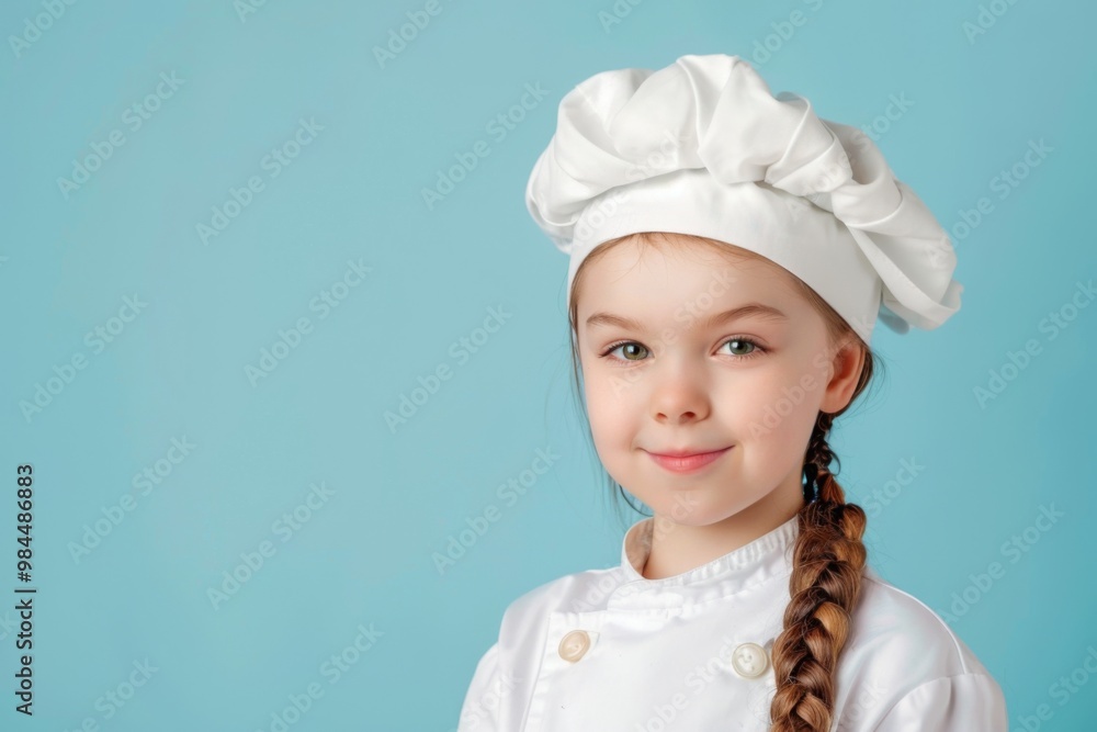 A cheerful young girl wearing a chef's uniform and hat, smiling against a bright blue background, perfect for culinary themes. A cheerful young girl wearing a chef's uniform and hat, smiling against a bright blue background, perfect for culinary themes.