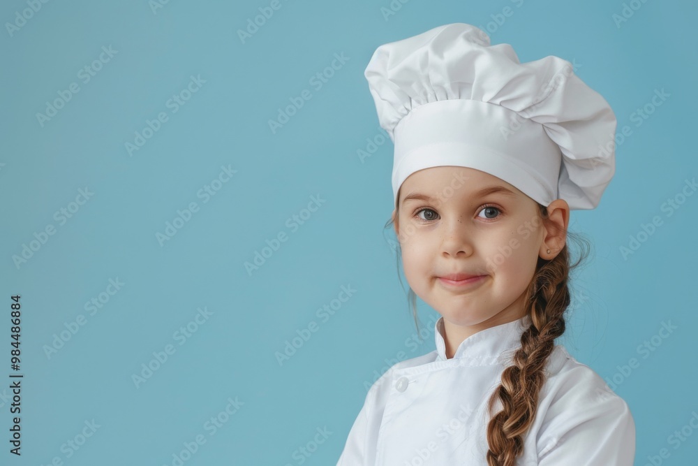 A cheerful young girl wearing a chef's uniform and hat, smiling against a bright blue background, perfect for culinary themes. A cheerful young girl wearing a chef's uniform and hat, smiling against a bright blue background, perfect for culinary themes.
