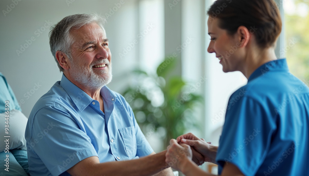 Doctor caregiver wearing uniform comforting and supporting senior man, good news about treatment, empathy and care, Close up caring nurse holding smiling mature patient hand at meeting in hospital, Doctor caregiver wearing uniform comforting and supporting senior man, good news about treatment, empathy and care, Close up caring nurse holding smiling mature patient hand at meeting in hospital,
