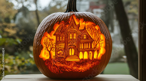 A professionally carved pumpkin with a detailed haunted house scene. photo