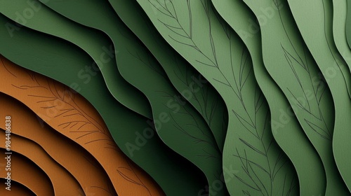 abstract background made from paper cut. Copy space over paper. Bright pastel green, dark green, brown shade tone , paper layer shape are leaf, high detial