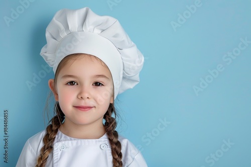 A cheerful young girl wearing a chef's uniform and hat, smiling against a bright blue background, perfect for culinary themes.