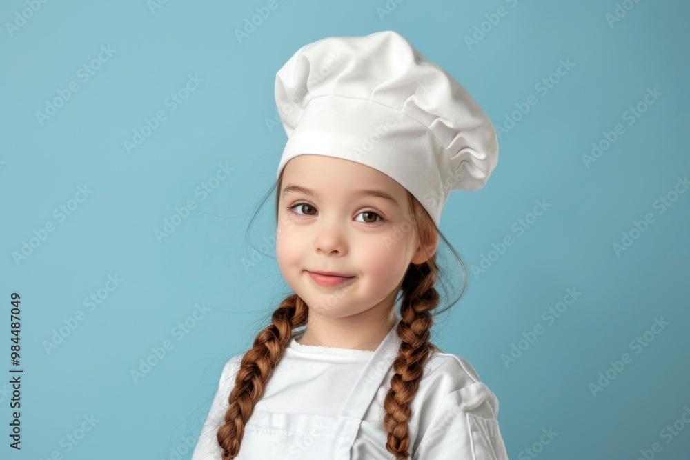 A cheerful young girl wearing a chef's uniform and hat, smiling against a bright blue background, perfect for culinary themes. A cheerful young girl wearing a chef's uniform and hat, smiling against a bright blue background, perfect for culinary themes.