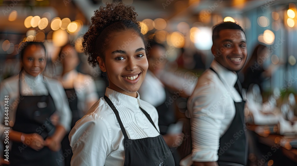 Smiling Team of Diverse Waitstaff at a Modern Restaurant Smiling Team of Diverse Waitstaff at a Modern Restaurant