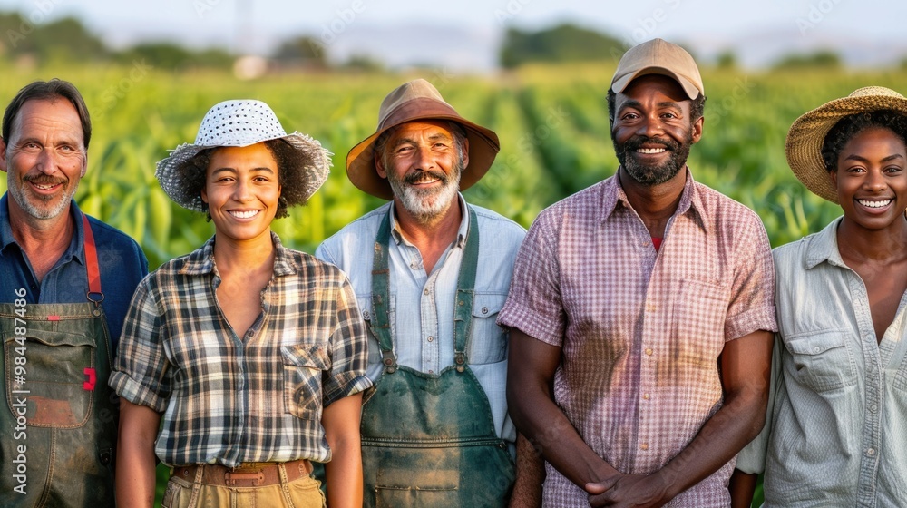 Fototapeta premium Diverse Group of Farmers in a Lush Field Smiling