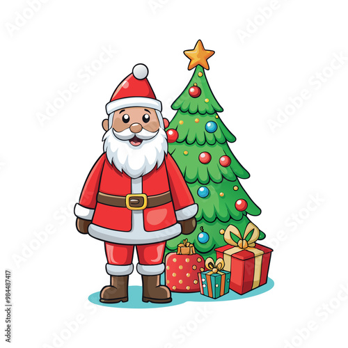 Santa claus and christmas tree Vector art illustration isolated on a white background