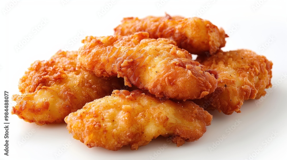 A portion of crispy and golden fried chicken strips arranged together on a plain white background, highlighting their texture and color. A portion of crispy and golden fried chicken strips arranged together on a plain white background, highlighting their texture and color.
