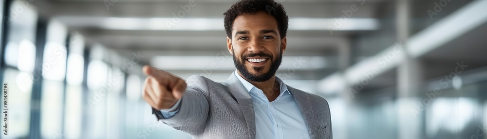 A confident man in a suit smiles while gesturing, showcasing a positive atmosphere in a modern office setting. A confident man in a suit smiles while gesturing, showcasing a positive atmosphere in a modern office setting.