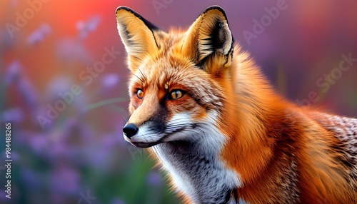 Vibrant summer close-up of a red fox amidst a kaleidoscope of colors