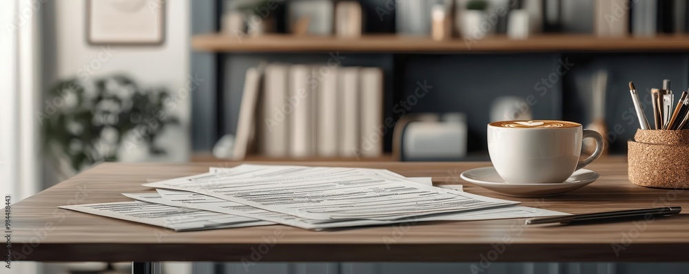 A cozy workspace featuring a cup of coffee and scattered papers, perfect for inspiring creativity and productivity. A cozy workspace featuring a cup of coffee and scattered papers, perfect for inspiring creativity and productivity.