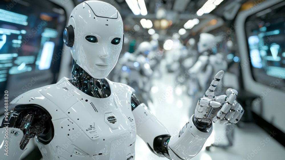 Robot interacting with a digital interface in a high-tech environment, symbolizing innovation and progress in technology. Robot interacting with a digital interface in a high-tech environment, symbolizing innovation and progress in technology.